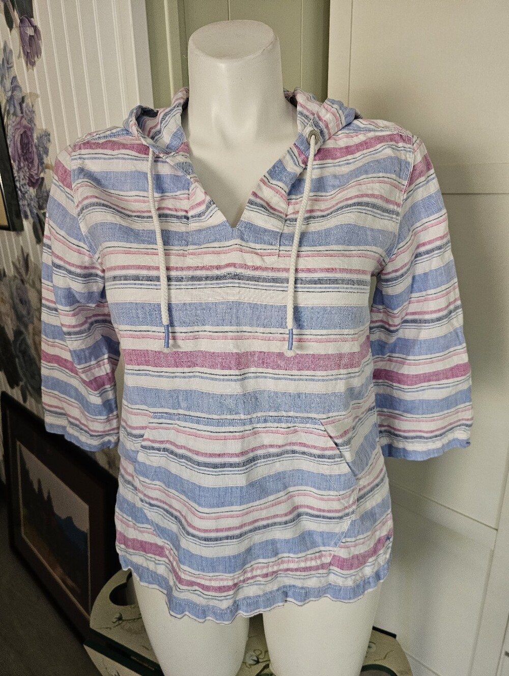 Tommy Bahama Tulum Stripe Linen Hoodie Womens Medium M Beach Pullover V-Neck EUC